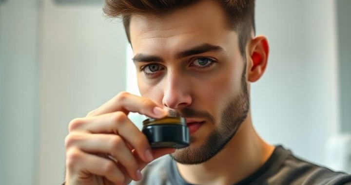 A man with short, styled hair looking confident, applying a small amount of hair gel onto his fingertips from a modern, sleek jar. The background is a clean, minimalist bathroom with soft, natural lighting. Focus on the hands and the gel, showing a controlled, precise application. Cinematic, ultra realistic, highly detailed, 8k quality, photorealistic.
