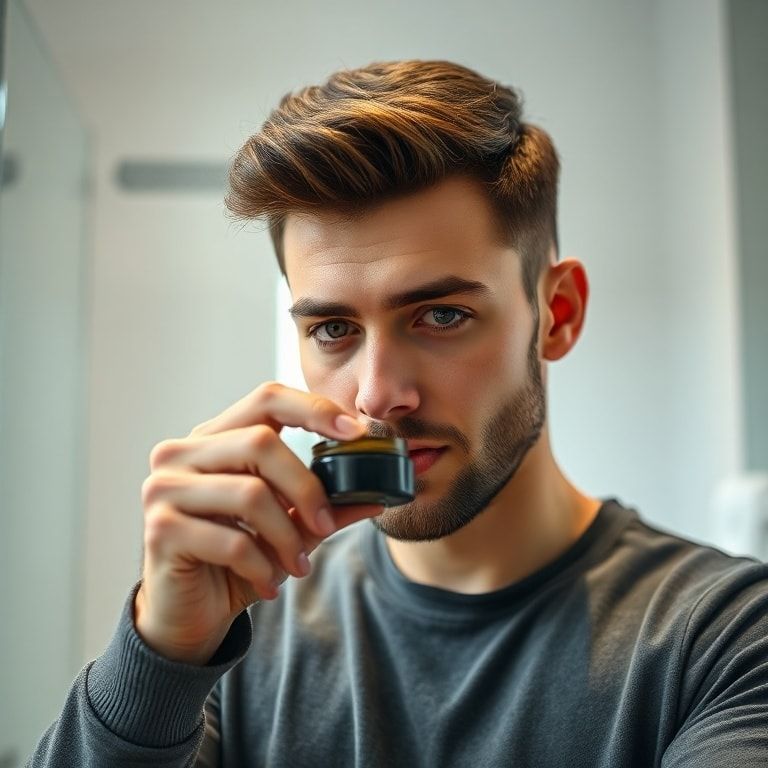 A man with short, styled hair looking confident, applying a small amount of hair gel onto his fingertips from a modern, sleek jar. The background is a clean, minimalist bathroom with soft, natural lighting. Focus on the hands and the gel, showing a controlled, precise application. Cinematic, ultra realistic, highly detailed, 8k quality, photorealistic.