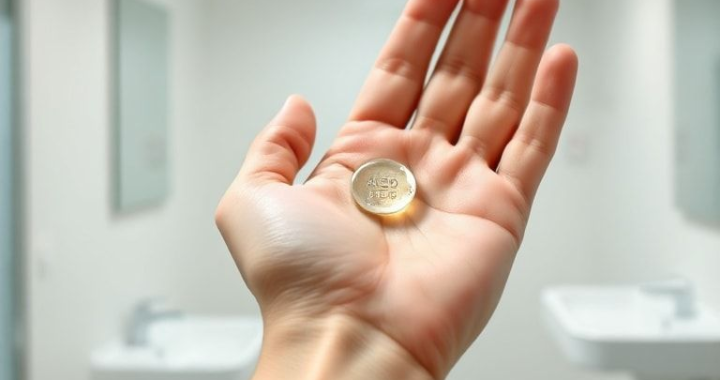 A person's hands demonstrating the correct amount of alcohol gel being squeezed onto the palm. The gel forms a small, visible mound, approximately the size of a large coin. The background is a clean, bright bathroom or office setting, with a focus on hygiene and cleanliness. Soft, natural lighting, high-resolution, photorealistic style.