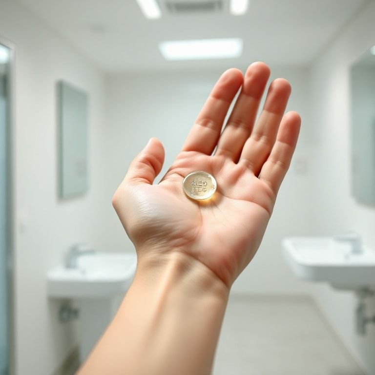 A person's hands demonstrating the correct amount of alcohol gel being squeezed onto the palm. The gel forms a small, visible mound, approximately the size of a large coin. The background is a clean, bright bathroom or office setting, with a focus on hygiene and cleanliness. Soft, natural lighting, high-resolution, photorealistic style.