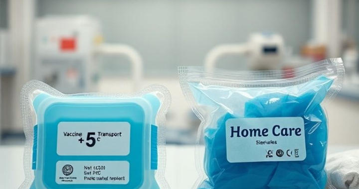 A highly detailed, realistic image showing two distinct types of medical gel packs side-by-side on a clean, white laboratory bench. On the left, a robust, opaque blue gel pack labeled 'Vaccine Transport' with a digital thermometer showing a precise +5°C reading, surrounded by insulated packaging materials. On the right, a translucent, flexible gel pack labeled 'Home Care' with visible blue gel inside, next to a simple fabric wrap. The background is a blurred, sterile medical environment. The image highlights the stark contrast in design and purpose, emphasizing that Not All Cold is the same, with crisp focus on the gel packs and their labels, cinematic lighting, ultra realistic, highly detailed, 8k quality, photorealistic