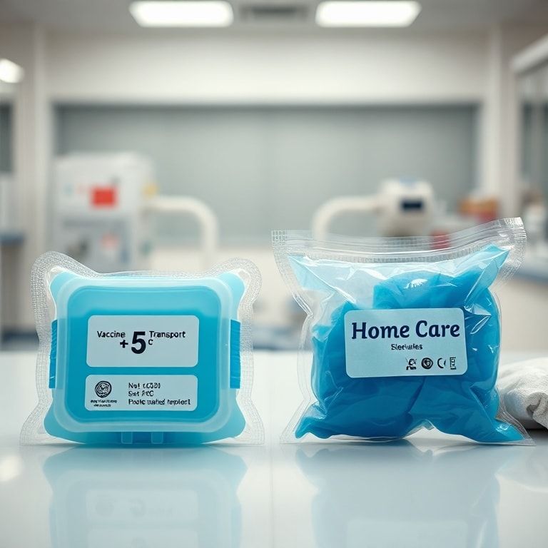 A highly detailed, realistic image showing two distinct types of medical gel packs side-by-side on a clean, white laboratory bench. On the left, a robust, opaque blue gel pack labeled 'Vaccine Transport' with a digital thermometer showing a precise +5°C reading, surrounded by insulated packaging materials. On the right, a translucent, flexible gel pack labeled 'Home Care' with visible blue gel inside, next to a simple fabric wrap. The background is a blurred, sterile medical environment. The image highlights the stark contrast in design and purpose, emphasizing that Not All Cold is the same, with crisp focus on the gel packs and their labels, cinematic lighting, ultra realistic, highly detailed, 8k quality, photorealistic