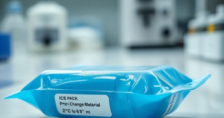 A close-up, high-detail shot of a pharmaceutical-grade ice pack, showing its robust, smooth, blue plastic casing with a label indicating 'Phase Change Material' and a precise temperature range like '2°C to 8°C'. The pack is sitting on a clean, sterile surface in a laboratory or medical setting, with a blurred background of scientific equipment. The lighting is bright and clinical, emphasizing precision and safety, ultra realistic, highly detailed, 8k quality, photorealistic