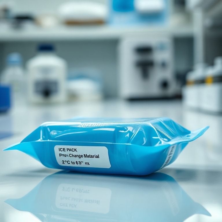 A close-up, high-detail shot of a pharmaceutical-grade ice pack, showing its robust, smooth, blue plastic casing with a label indicating 'Phase Change Material' and a precise temperature range like '2°C to 8°C'. The pack is sitting on a clean, sterile surface in a laboratory or medical setting, with a blurred background of scientific equipment. The lighting is bright and clinical, emphasizing precision and safety, ultra realistic, highly detailed, 8k quality, photorealistic