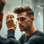A man with short, stylish hair is using his fingers to sculpt his hair after applying hair gel, looking at his reflection in a mirror. The bathroom is modern and clean with soft natural lighting, focus on his hands and hair. The man has a confident and focused expression. The background is slightly blurred to emphasize the action. Cinematic, ultra realistic, highly detailed, 8k quality, photorealistic