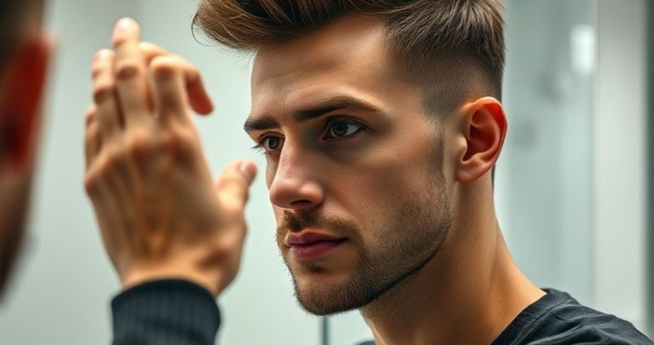 A man with short, stylish hair is using his fingers to sculpt his hair after applying hair gel, looking at his reflection in a mirror. The bathroom is modern and clean with soft natural lighting, focus on his hands and hair. The man has a confident and focused expression. The background is slightly blurred to emphasize the action. Cinematic, ultra realistic, highly detailed, 8k quality, photorealistic
