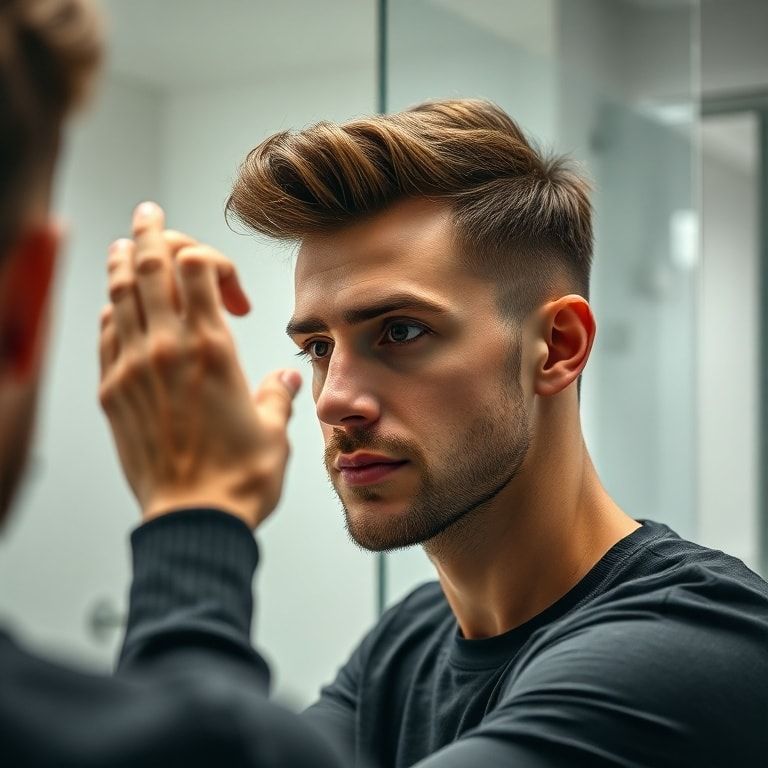 A man with short, stylish hair is using his fingers to sculpt his hair after applying hair gel, looking at his reflection in a mirror. The bathroom is modern and clean with soft natural lighting, focus on his hands and hair. The man has a confident and focused expression. The background is slightly blurred to emphasize the action. Cinematic, ultra realistic, highly detailed, 8k quality, photorealistic