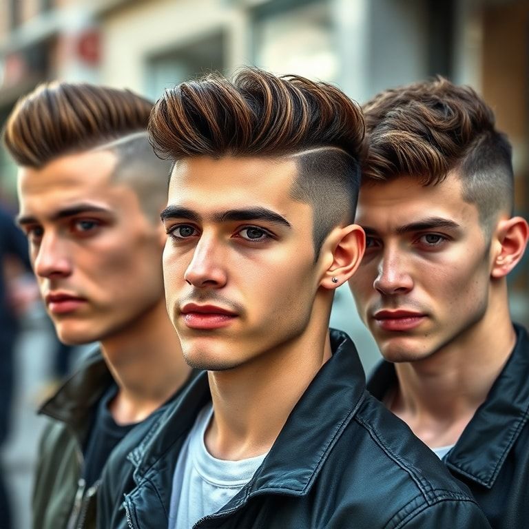 A diverse group of young men showcasing various modern hairstyles styled with gel, including a sharp undercut, a classic pomp