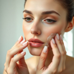 Close-up shot of a woman gently applying aloe vera gel to her clean face with her fingertips, in a brightly lit bathroom, soft natural light, minimalist background, focus on the smooth texture of the gel and her serene expression, skincare routine, ultra realistic, highly detailed, 8k quality, photorealistic