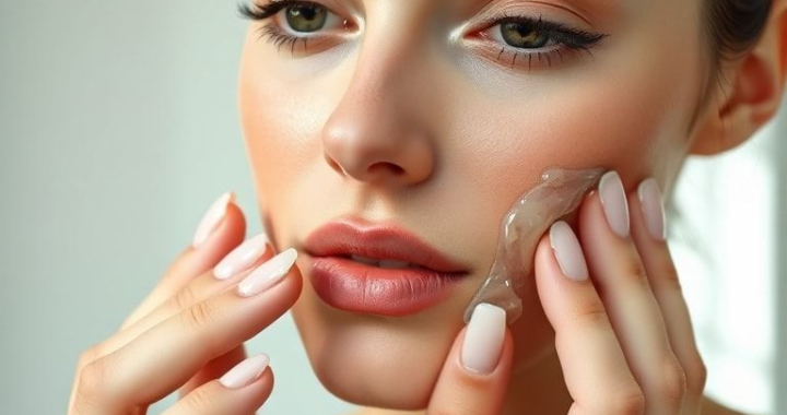 Close-up shot of a woman gently applying aloe vera gel to her clean face with her fingertips, in a brightly lit bathroom, soft natural light, minimalist background, focus on the smooth texture of the gel and her serene expression, skincare routine, ultra realistic, highly detailed, 8k quality, photorealistic