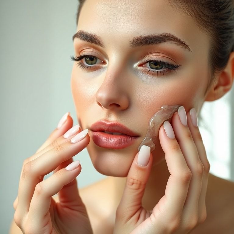 Close-up shot of a woman gently applying aloe vera gel to her clean face with her fingertips, in a brightly lit bathroom, soft natural light, minimalist background, focus on the smooth texture of the gel and her serene expression, skincare routine, ultra realistic, highly detailed, 8k quality, photorealistic