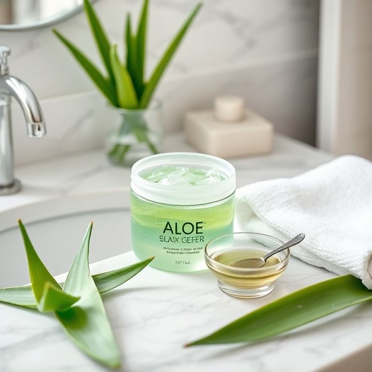 master - A refreshing aloe vera gel container placed on a white marble vanity, surrounded by green aloe vera leaves, a small