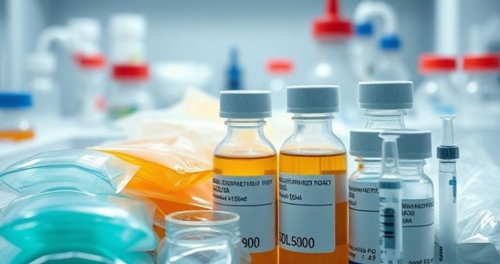 A detailed close-up shot of various medical gel packs of different sizes and colors, neatly arranged alongside pharmaceutical vials and syringes in a temperature-controlled medical cooler. The background is a clean, modern laboratory or hospital setting, with subtle scientific equipment blurred in the distance. The lighting is bright and sterile, emphasizing precision and scientific rigor. Focus is on the intricate textures of the gel packs and the labels on the drug vials, conveying the critical link between temperature management and drug efficacy, ultra realistic, highly detailed, 8k quality, photorealistic, scientific aesthetic.