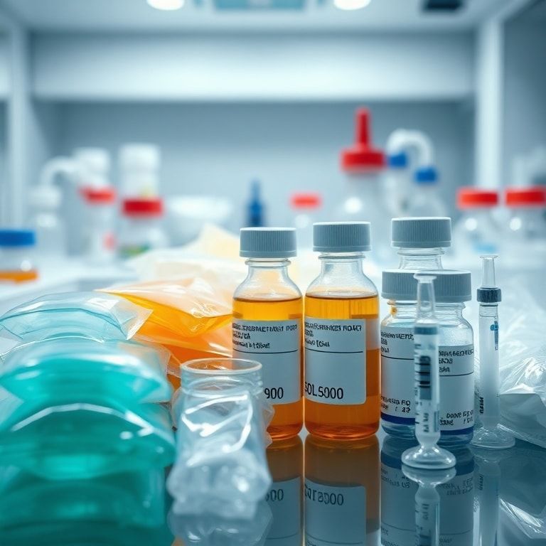 A detailed close-up shot of various medical gel packs of different sizes and colors, neatly arranged alongside pharmaceutical vials and syringes in a temperature-controlled medical cooler. The background is a clean, modern laboratory or hospital setting, with subtle scientific equipment blurred in the distance. The lighting is bright and sterile, emphasizing precision and scientific rigor. Focus is on the intricate textures of the gel packs and the labels on the drug vials, conveying the critical link between temperature management and drug efficacy, ultra realistic, highly detailed, 8k quality, photorealistic, scientific aesthetic.