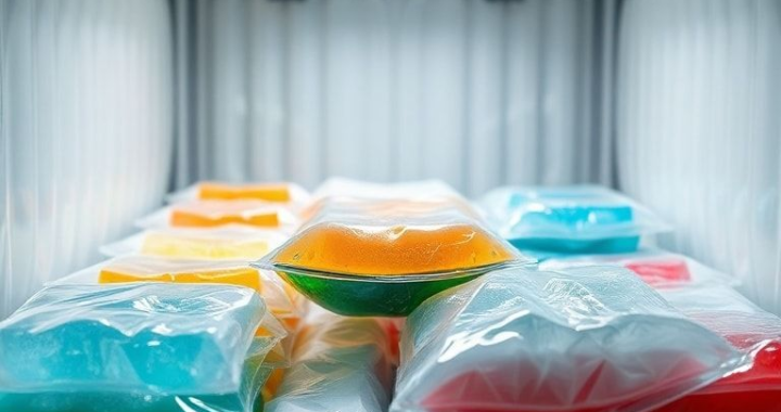 A detailed close-up shot of various advanced medical gel packs with different colored phase change materials, some partially frozen, some liquid, neatly arranged in an insulated shipping container, showcasing precision temperature control and durability. The background is a sterile, modern pharmaceutical logistics facility, emphasizing the importance of going Beyond Ice Your traditional methods. Soft, clinical lighting, ultra realistic, highly detailed, 8k quality, photorealistic