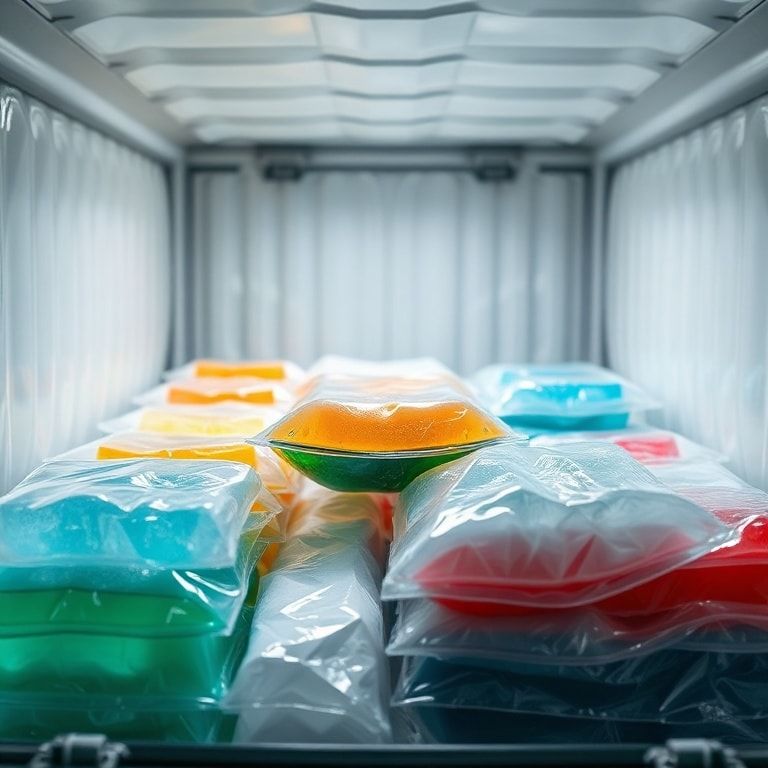 A detailed close-up shot of various advanced medical gel packs with different colored phase change materials, some partially frozen, some liquid, neatly arranged in an insulated shipping container, showcasing precision temperature control and durability. The background is a sterile, modern pharmaceutical logistics facility, emphasizing the importance of going Beyond Ice Your traditional methods. Soft, clinical lighting, ultra realistic, highly detailed, 8k quality, photorealistic