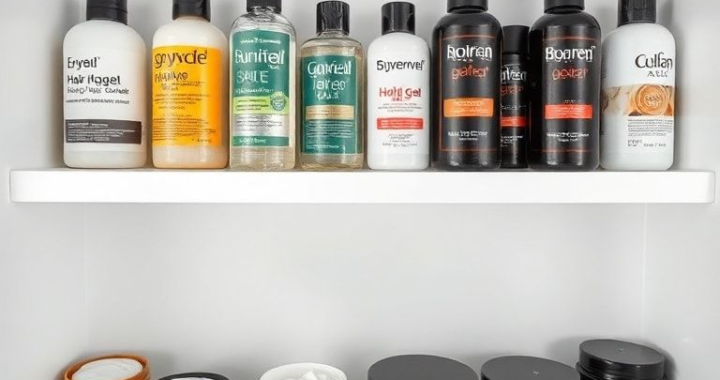 A diverse range of hair gel products displayed on a clean white shelf, showing various hold levels and finishes (matte, natural, high shine). The bottles and jars are neatly arranged, some open to reveal different gel textures. Soft studio lighting, clean background, product photography style, ultra realistic, highly detailed, 8k quality, photorealistic