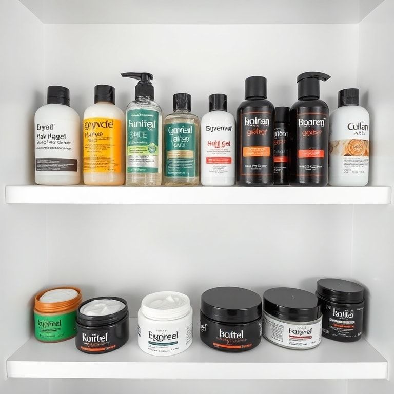 A diverse range of hair gel products displayed on a clean white shelf, showing various hold levels and finishes (matte, natural, high shine). The bottles and jars are neatly arranged, some open to reveal different gel textures. Soft studio lighting, clean background, product photography style, ultra realistic, highly detailed, 8k quality, photorealistic