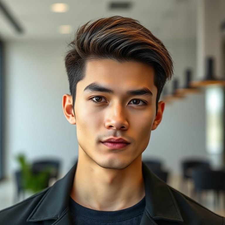 A person with a stylish, neatly combed hairstyle, looking confident. The hair shows a natural shine without any stickiness or