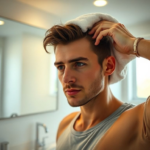 A man in his late 20s with short, stylish hair, gently towel-drying his hair in a modern, well-lit bathroom. His hair is slightly damp, and he has a focused, confident expression. The bathroom features clean lines, white tiles, and a large mirror. Warm, natural light streams in through a window. Cinematic, ultra realistic, highly detailed, 8k quality, photorealistic