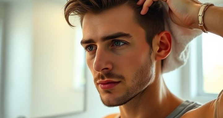A man in his late 20s with short, stylish hair, gently towel-drying his hair in a modern, well-lit bathroom. His hair is slightly damp, and he has a focused, confident expression. The bathroom features clean lines, white tiles, and a large mirror. Warm, natural light streams in through a window. Cinematic, ultra realistic, highly detailed, 8k quality, photorealistic