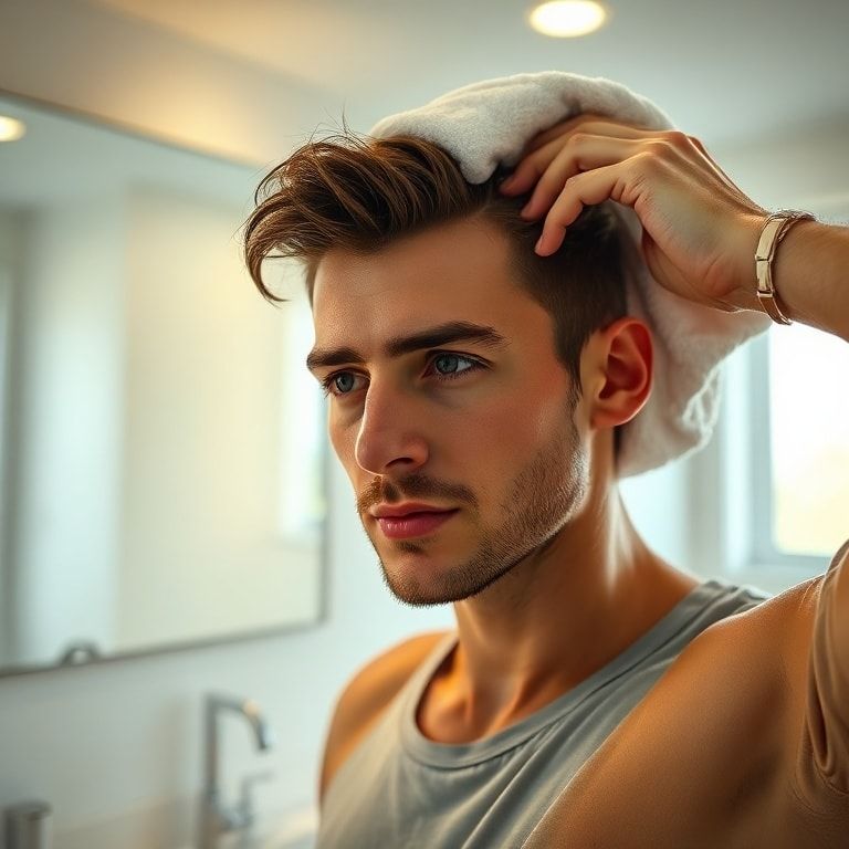 A man in his late 20s with short, stylish hair, gently towel-drying his hair in a modern, well-lit bathroom. His hair is slightly damp, and he has a focused, confident expression. The bathroom features clean lines, white tiles, and a large mirror. Warm, natural light streams in through a window. Cinematic, ultra realistic, highly detailed, 8k quality, photorealistic