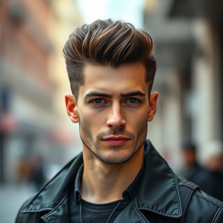 master - A professional male model with a perfectly styled, modern pompadour hairstyle, looking confident. His hair has a str