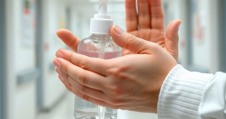 A close-up shot of hands applying clear alcohol hand sanitizer, rubbing it thoroughly. The background is a clean, bright public space like an office or a hospital corridor. Focus on the action of rubbing hands, showing the sanitizer spreading across palms and fingers. Soft, natural lighting, high-resolution, educational, practical, realistic.