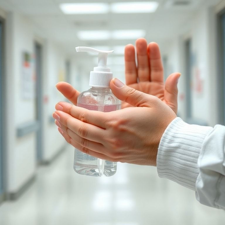 A close-up shot of hands applying clear alcohol hand sanitizer, rubbing it thoroughly. The background is a clean, bright public space like an office or a hospital corridor. Focus on the action of rubbing hands, showing the sanitizer spreading across palms and fingers. Soft, natural lighting, high-resolution, educational, practical, realistic.