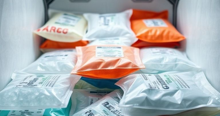 A detailed close-up shot of various pharmaceutical gel packs in different sizes and colors, showcasing their durable, flexible plastic casings. Some packs appear partially frozen, with visible crystalline structures or gel-like textures, while others are fully solidified. They are neatly arranged within a high-tech insulated shipping container, with clear labels indicating specific temperature ranges (e.g., +2°C to +8°C). The background is a clean, sterile laboratory or logistics environment, with a soft, diffused lighting, emphasizing precision and safety. Ultra realistic, high-resolution, technical photography style.