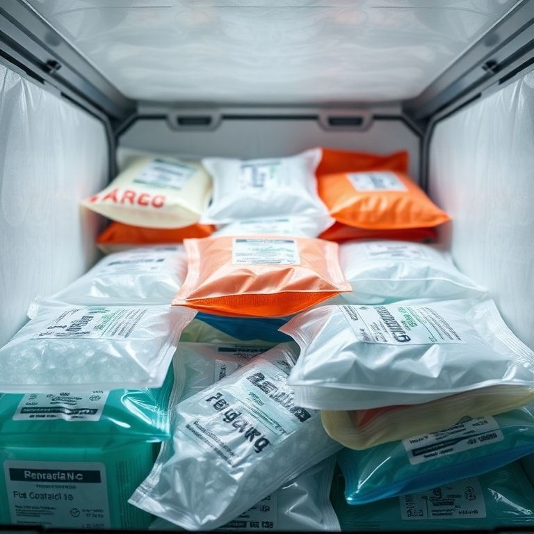 A detailed close-up shot of various pharmaceutical gel packs in different sizes and colors, showcasing their durable, flexible plastic casings. Some packs appear partially frozen, with visible crystalline structures or gel-like textures, while others are fully solidified. They are neatly arranged within a high-tech insulated shipping container, with clear labels indicating specific temperature ranges (e.g., +2°C to +8°C). The background is a clean, sterile laboratory or logistics environment, with a soft, diffused lighting, emphasizing precision and safety. Ultra realistic, high-resolution, technical photography style.