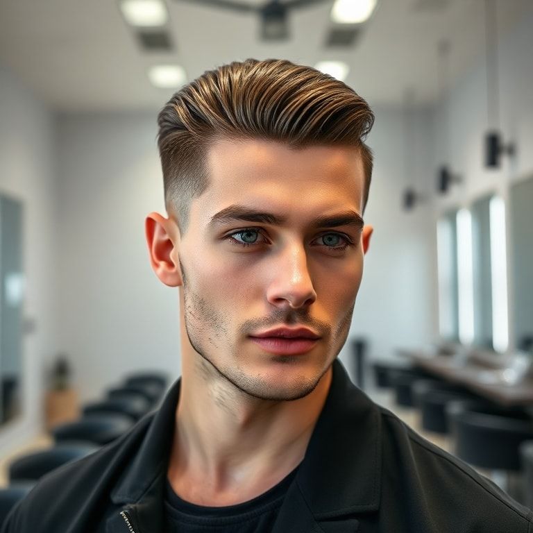 A male model with a stylish undercut hairstyle, expertly styled with hair gel. His hair is slicked back with a slight volume