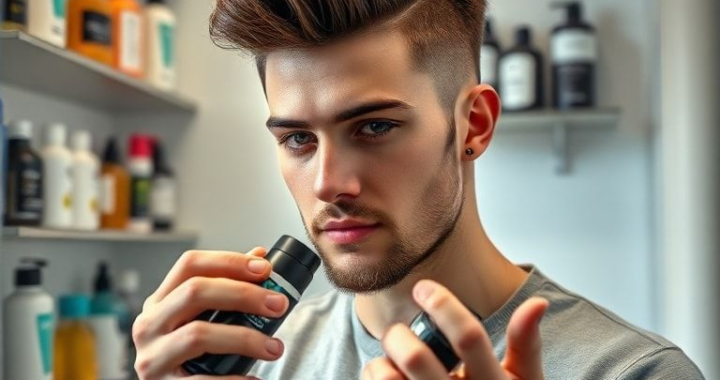 A confident young man with a stylish haircut examining various hair gel products in a modern bathroom, shelves filled with different types of hair gels and styling products, soft natural light, clean and minimalist aesthetic, focus on hands holding a gel product, educational and inspiring tone, ultra realistic, highly detailed, 8k quality, photorealistic