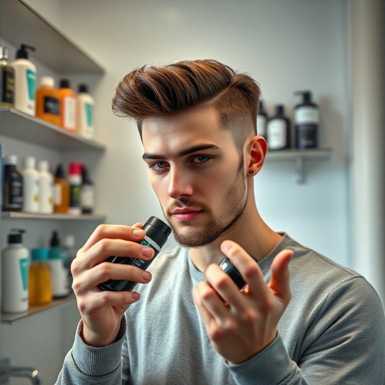 A confident young man with a stylish haircut examining various hair gel products in a modern bathroom, shelves filled with different types of hair gels and styling products, soft natural light, clean and minimalist aesthetic, focus on hands holding a gel product, educational and inspiring tone, ultra realistic, highly detailed, 8k quality, photorealistic