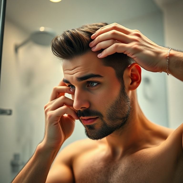 master - A close-up shot of a man's hands applying hair gel to his short, styled hair in a modern bathroom, focusing on the t