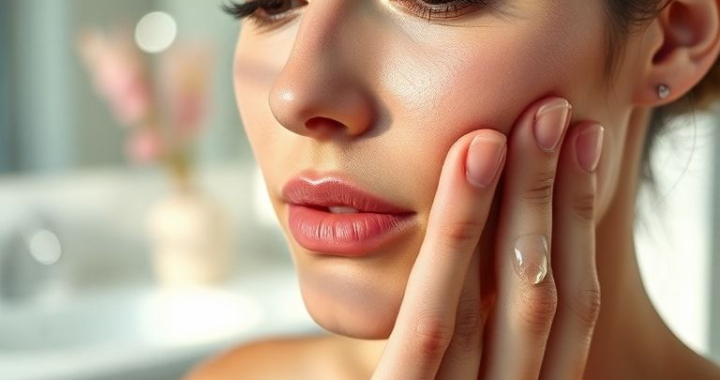 A close-up shot of a woman gently patting her face with her fingertips after applying a clear gel serum, her skin looks dewy and fresh. The background is a soft-focused, clean bathroom vanity with natural light. The mood is serene and focused on self-care. Clear, translucent gel texture visible on fingertips. Soft, warm lighting. Ultra realistic, high detail, 8k quality, photorealistic.