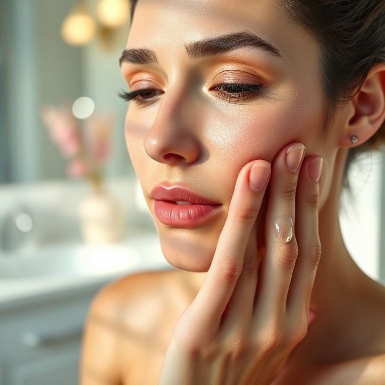 A close-up shot of a woman gently patting her face with her fingertips after applying a clear gel serum, her skin looks dewy and fresh. The background is a soft-focused, clean bathroom vanity with natural light. The mood is serene and focused on self-care. Clear, translucent gel texture visible on fingertips. Soft, warm lighting. Ultra realistic, high detail, 8k quality, photorealistic.