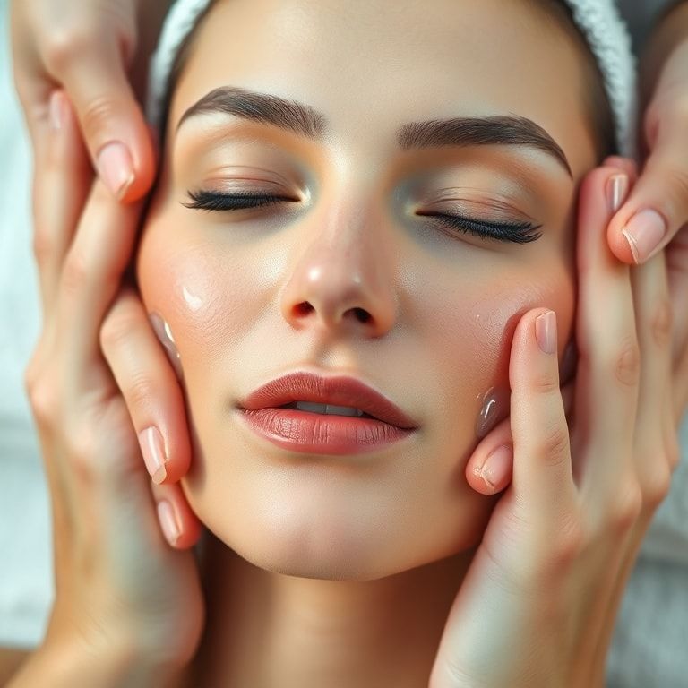A spa-like close-up of hands gently patting a woman's face with a clear gel texture visible on her skin. Her eyes are closed,