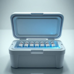 A specialized medical insulin cooler opened, showing neatly organized insulin pens and vials nestled within a protective, temperature-controlled compartment. The cooler has a sleek, modern design with durable materials, and a phase-change material ice pack is visible, subtly glowing with a cool blue hue, suggesting precise temperature regulation. The background is a clean, medical-themed setting, with soft, diffused lighting, emphasizing safety and reliability. Ultra realistic, highly detailed, 8k quality, photorealistic