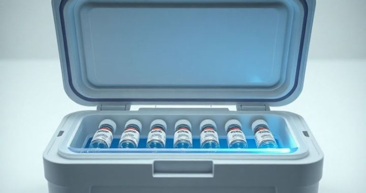 A specialized medical insulin cooler opened, showing neatly organized insulin pens and vials nestled within a protective, temperature-controlled compartment. The cooler has a sleek, modern design with durable materials, and a phase-change material ice pack is visible, subtly glowing with a cool blue hue, suggesting precise temperature regulation. The background is a clean, medical-themed setting, with soft, diffused lighting, emphasizing safety and reliability. Ultra realistic, highly detailed, 8k quality, photorealistic