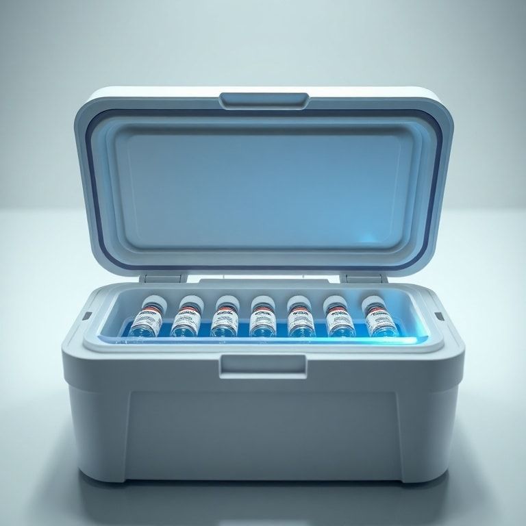 A specialized medical insulin cooler opened, showing neatly organized insulin pens and vials nestled within a protective, temperature-controlled compartment. The cooler has a sleek, modern design with durable materials, and a phase-change material ice pack is visible, subtly glowing with a cool blue hue, suggesting precise temperature regulation. The background is a clean, medical-themed setting, with soft, diffused lighting, emphasizing safety and reliability. Ultra realistic, highly detailed, 8k quality, photorealistic