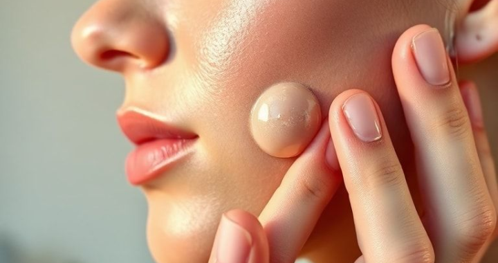 Close-up of a woman's hand gently applying a clear, shimmering facial gel to her cheek, her skin looking radiant and hydrated, with a soft focus minimalist bathroom background. The light is natural and warm, highlighting the texture of the gel and the freshness of her skin, ultra realistic, highly detailed, 8k quality, photorealistic