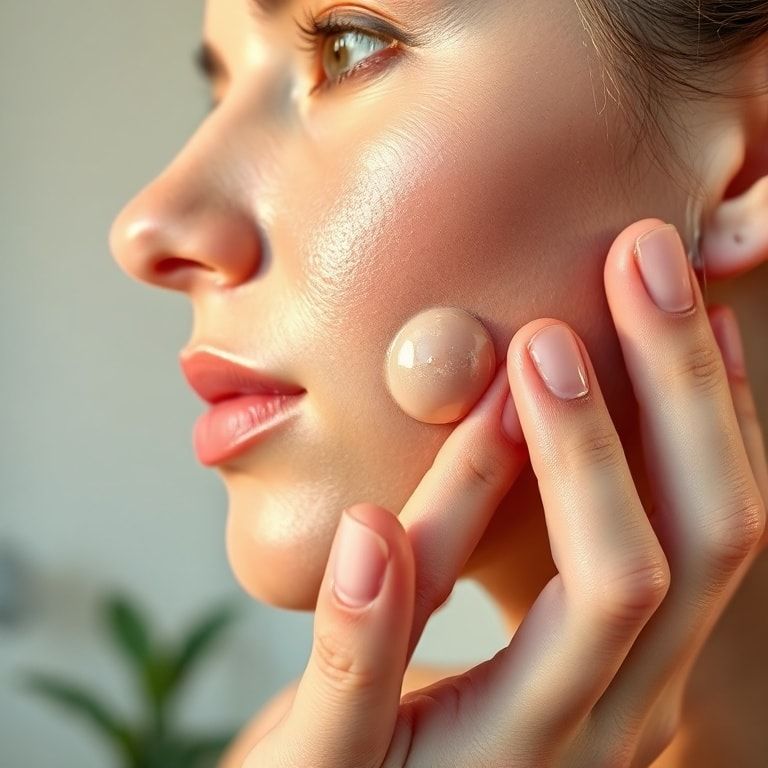 Close-up of a woman's hand gently applying a clear, shimmering facial gel to her cheek, her skin looking radiant and hydrated, with a soft focus minimalist bathroom background. The light is natural and warm, highlighting the texture of the gel and the freshness of her skin, ultra realistic, highly detailed, 8k quality, photorealistic