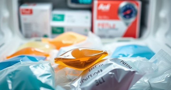 close-up view of various medical gel packs in different sizes and colors, some partially frozen, nestled within an insulated shipping container. The background shows blurred pharmaceutical packaging and a thermometer reading a stable cold temperature, sterile and high-tech environment, soft studio lighting, ultra realistic, highly detailed, 8k quality, photorealistic