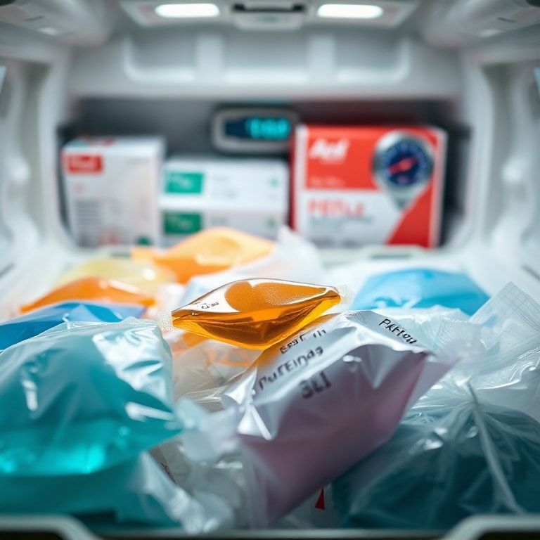 close-up view of various medical gel packs in different sizes and colors, some partially frozen, nestled within an insulated shipping container. The background shows blurred pharmaceutical packaging and a thermometer reading a stable cold temperature, sterile and high-tech environment, soft studio lighting, ultra realistic, highly detailed, 8k quality, photorealistic