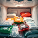 A close-up, detailed shot of various specialized medical ice packs in different colors and sizes, some with gel visible, arranged neatly inside an insulated shipping container. The container is open, revealing vials of vaccines and medications nestled amongst the packs. The background is a sterile, clean laboratory or logistics setting. Soft, diffused lighting highlights the texture of the packs. Educational, high-tech, ultra realistic, highly detailed, 8k quality, photorealistic