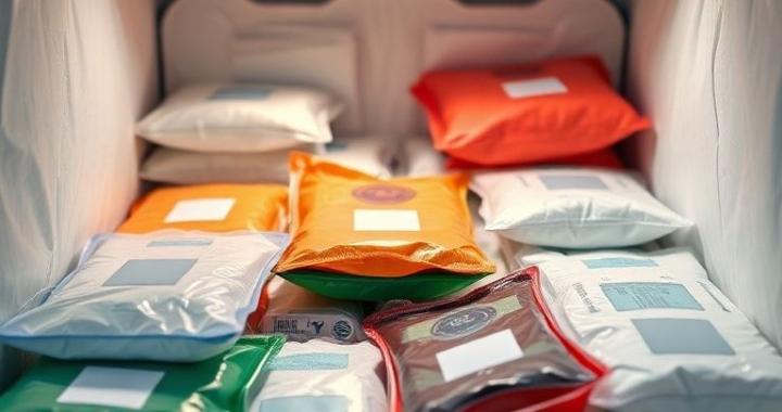 A close-up, detailed shot of various specialized medical ice packs in different colors and sizes, some with gel visible, arranged neatly inside an insulated shipping container. The container is open, revealing vials of vaccines and medications nestled amongst the packs. The background is a sterile, clean laboratory or logistics setting. Soft, diffused lighting highlights the texture of the packs. Educational, high-tech, ultra realistic, highly detailed, 8k quality, photorealistic