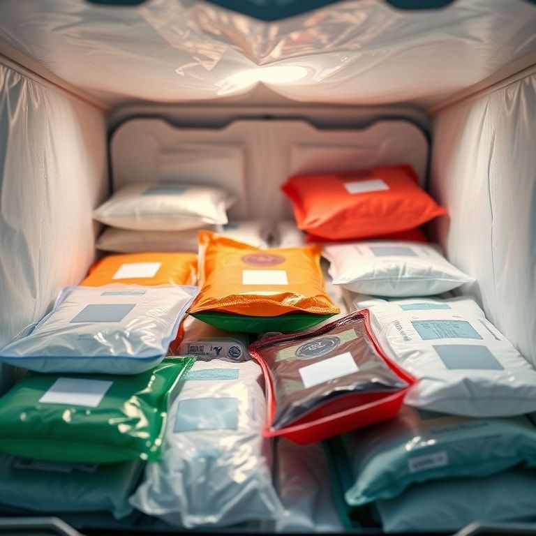 A close-up, detailed shot of various specialized medical ice packs in different colors and sizes, some with gel visible, arranged neatly inside an insulated shipping container. The container is open, revealing vials of vaccines and medications nestled amongst the packs. The background is a sterile, clean laboratory or logistics setting. Soft, diffused lighting highlights the texture of the packs. Educational, high-tech, ultra realistic, highly detailed, 8k quality, photorealistic