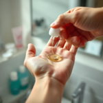 A person's hand squeezing a small, pea-sized amount of clear hair gel onto their palm, with a blurred background of a bathroom mirror and hair products. Soft, natural lighting, focus on the hand and gel, ultra realistic, highly detailed, 8k quality, photorealistic