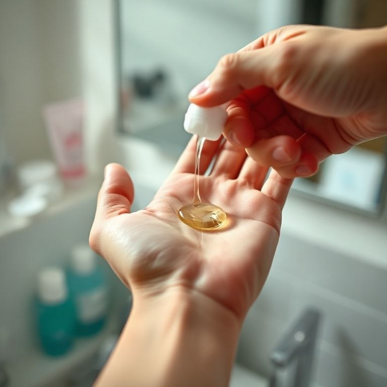 A person's hand squeezing a small, pea-sized amount of clear hair gel onto their palm, with a blurred background of a bathroom mirror and hair products. Soft, natural lighting, focus on the hand and gel, ultra realistic, highly detailed, 8k quality, photorealistic
